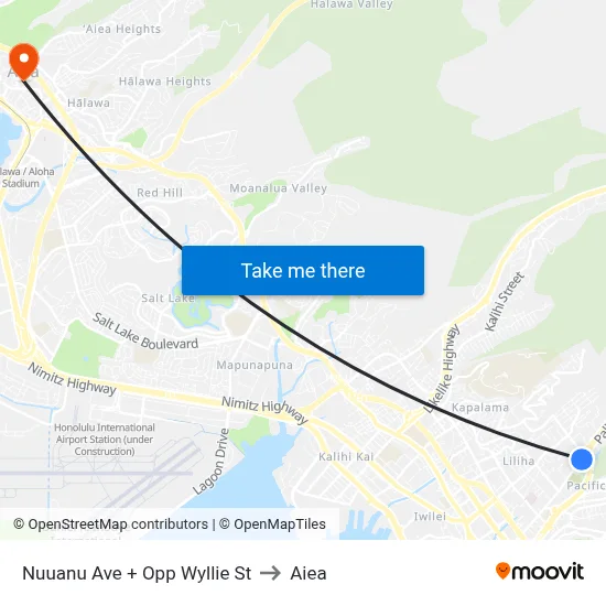 Nuuanu Ave + Opp Wyllie St to Aiea map