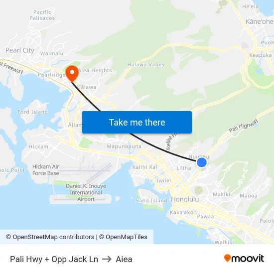 Pali Hwy + Opp Jack Ln to Aiea map