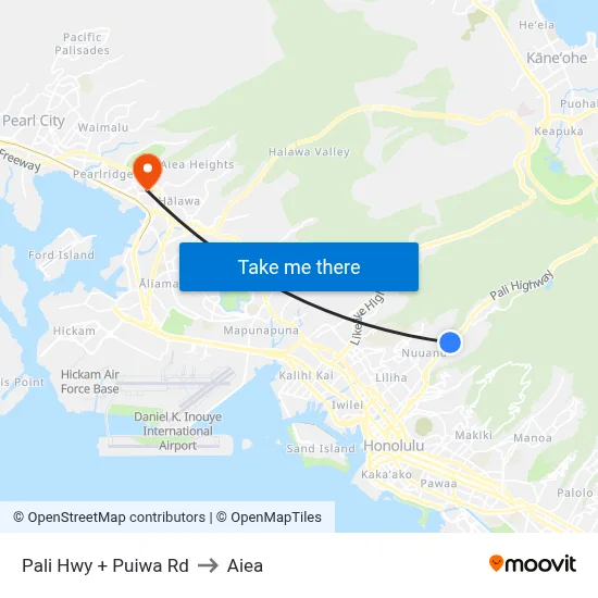Pali Hwy + Puiwa Rd to Aiea map