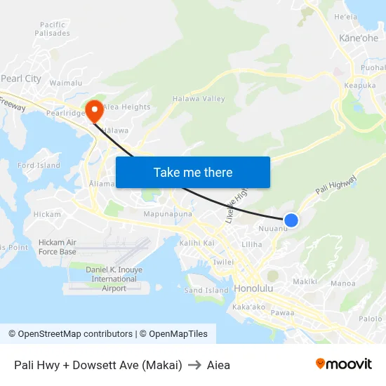 Pali Hwy + Dowsett Ave (Makai) to Aiea map