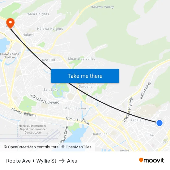 Rooke Ave + Wyllie St to Aiea map