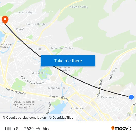 Liliha St + 2639 to Aiea map
