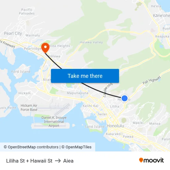Liliha St + Hawaii St to Aiea map