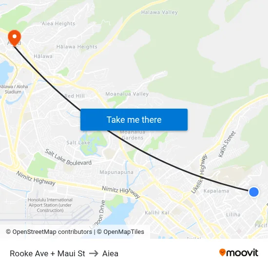 Rooke Ave + Maui St to Aiea map