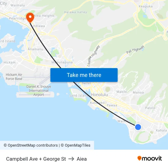 Campbell Ave + George St to Aiea map