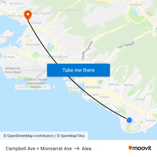 Campbell Ave + Monsarrat Ave to Aiea map