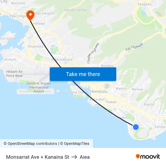 Monsarrat Ave + Kanaina St to Aiea map