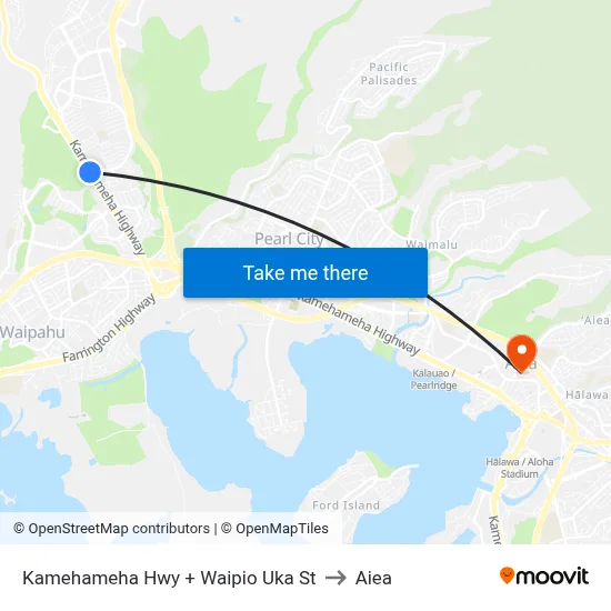 Kamehameha Hwy + Waipio Uka St to Aiea map
