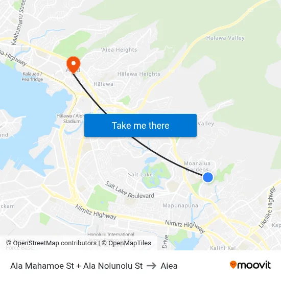 Ala Mahamoe St + Ala Nolunolu St to Aiea map