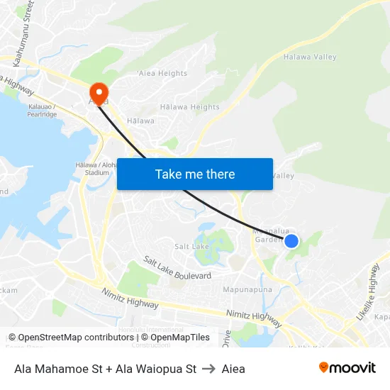 Ala Mahamoe St + Ala Waiopua St to Aiea map
