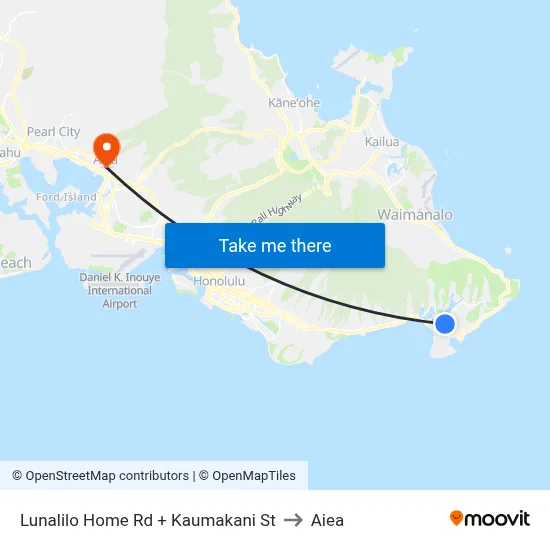 Lunalilo Home Rd + Kaumakani St to Aiea map