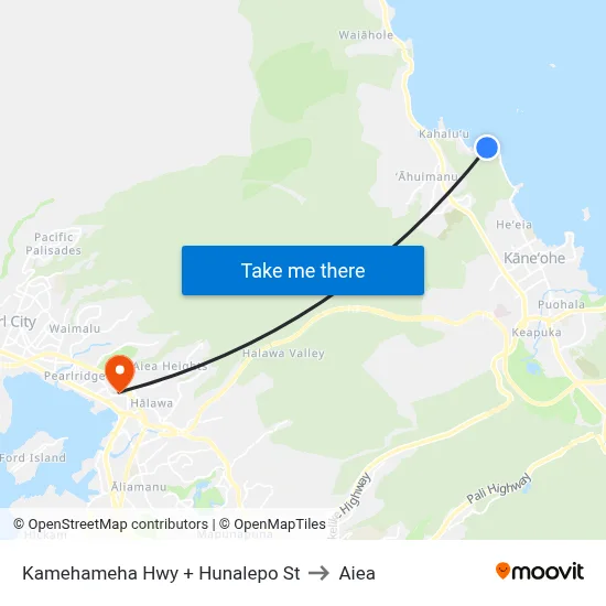 Kamehameha Hwy + Hunalepo St to Aiea map