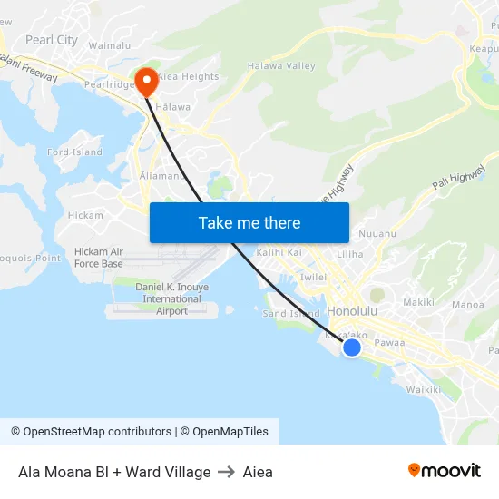 Ala Moana Bl + Ward Village to Aiea map