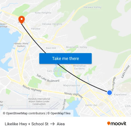 Likelike Hwy + School St to Aiea map
