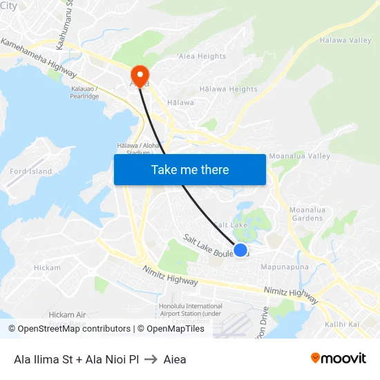 Ala Ilima St + Ala Nioi Pl to Aiea map