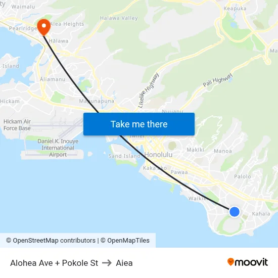 Alohea Ave + Pokole St to Aiea map