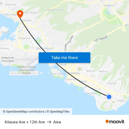 Kilauea Ave + 12th Ave to Aiea map