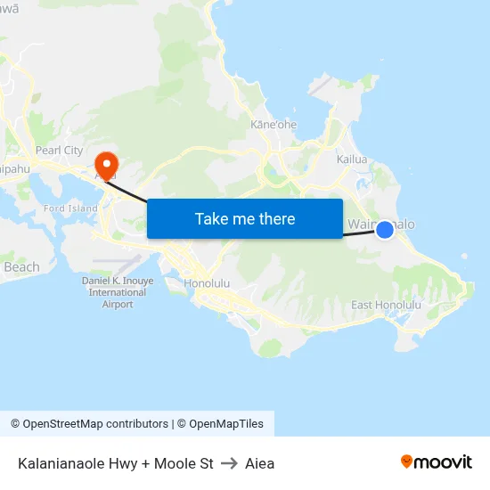 Kalanianaole Hwy + Moole St to Aiea map