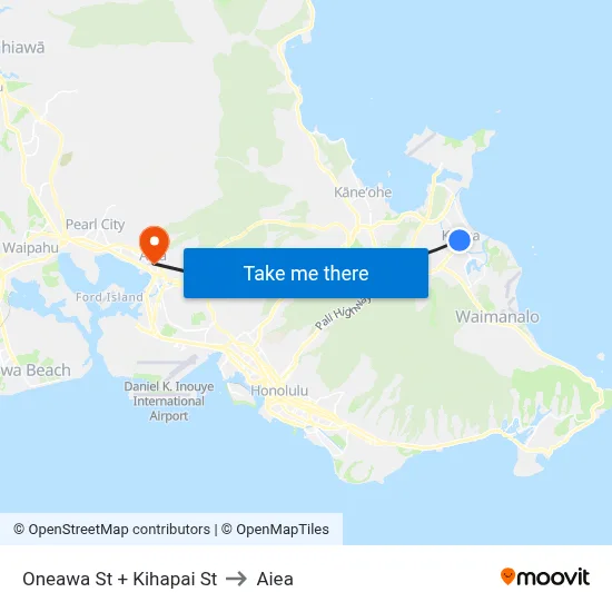Oneawa St + Kihapai St to Aiea map