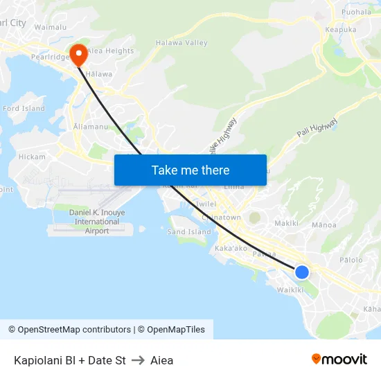 Kapiolani Bl + Date St to Aiea map