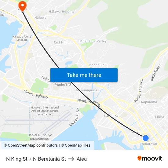 N King St + N Beretania St to Aiea map