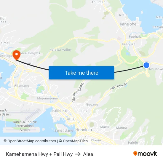 Kamehameha Hwy + Pali Hwy to Aiea map