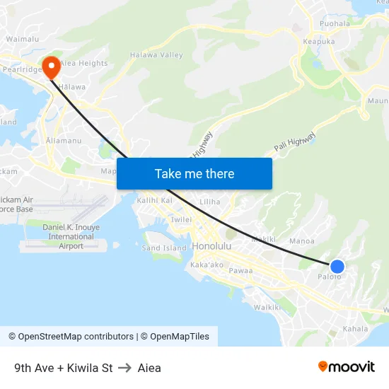9th Ave + Kiwila St to Aiea map