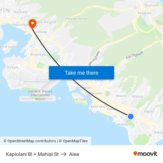 Kapiolani Bl + Mahiai St to Aiea map