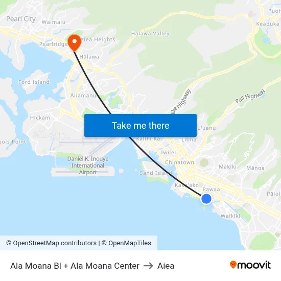 Ala Moana Bl + Ala Moana Center to Aiea map
