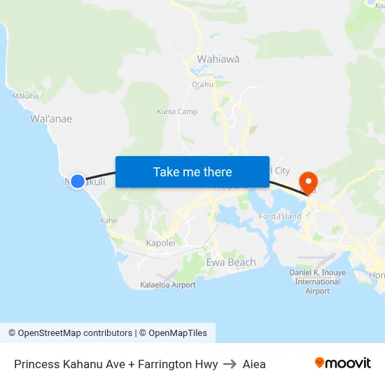Princess Kahanu Ave + Farrington Hwy to Aiea map
