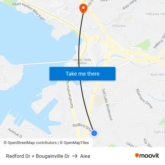 Radford Dr + Bougainville Dr to Aiea map