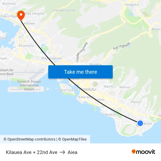 Kilauea Ave + 22nd Ave to Aiea map