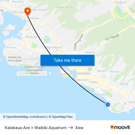 Kalakaua Ave + Waikiki Aquarium to Aiea map
