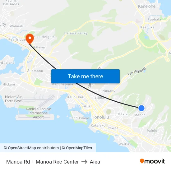 Manoa Rd + Manoa Rec Center to Aiea map