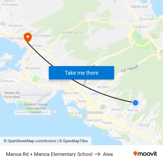 Manoa Rd + Manoa Elementary School to Aiea map