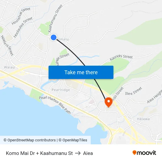 Komo Mai Dr + Kaahumanu St to Aiea map
