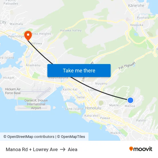 Manoa Rd + Lowrey Ave to Aiea map