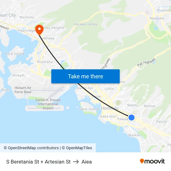 S Beretania St + Artesian St to Aiea map