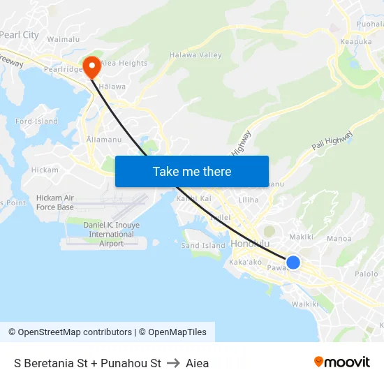 S Beretania St + Punahou St to Aiea map