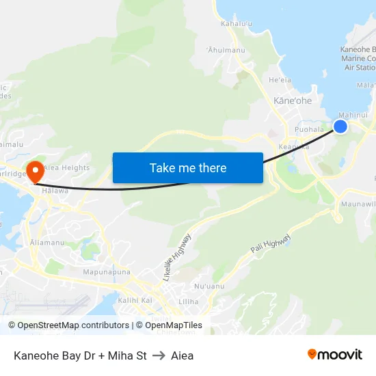 Kaneohe Bay Dr + Miha St to Aiea map