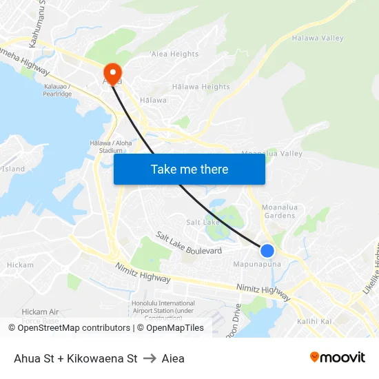 Ahua St + Kikowaena St to Aiea map