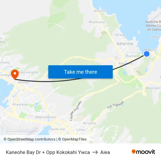 Kaneohe Bay Dr + Opp Kokokahi Ywca to Aiea map