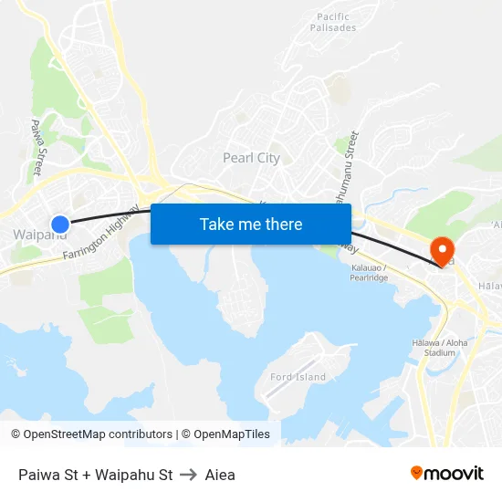 Paiwa St + Waipahu St to Aiea map