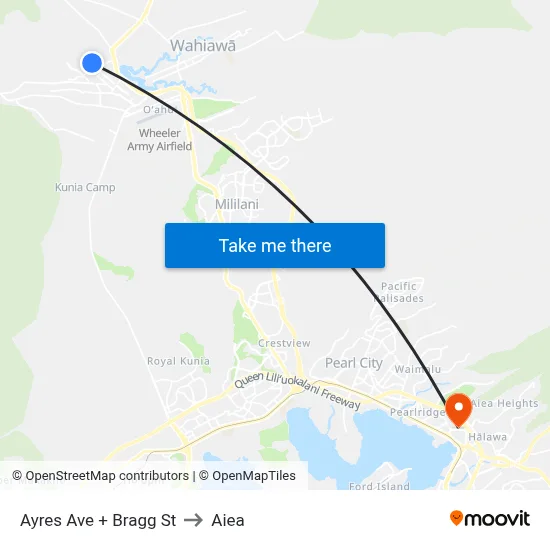 Ayres Ave + Bragg St to Aiea map