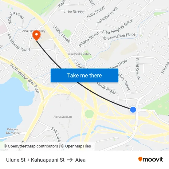 Ulune St + Kahuapaani St to Aiea map