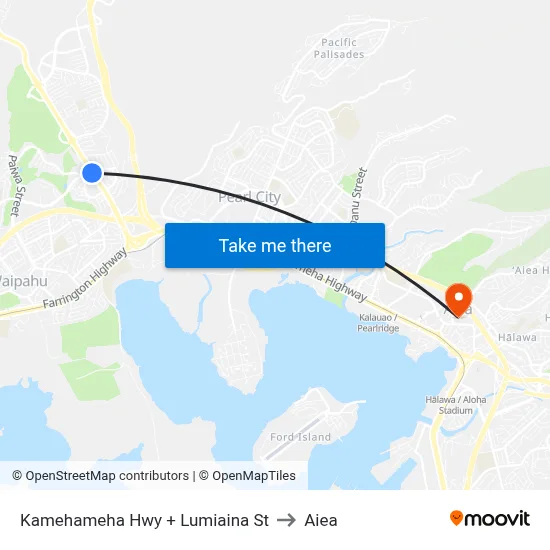 Kamehameha Hwy + Lumiaina St to Aiea map