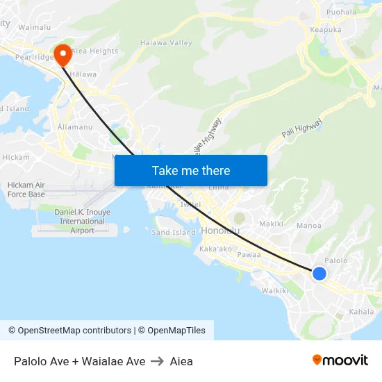Palolo Ave + Waialae Ave to Aiea map