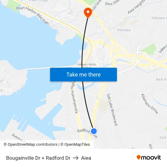 Bougainville Dr + Radford Dr to Aiea map