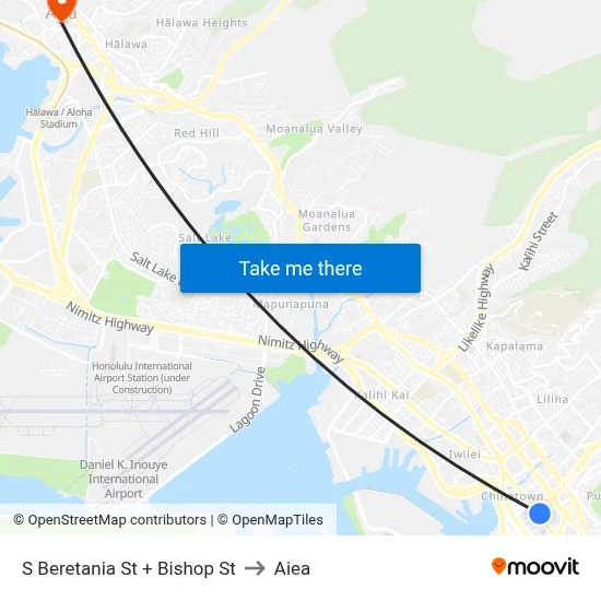 S Beretania St + Bishop St to Aiea map