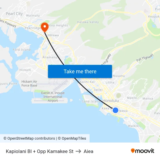 Kapiolani Bl + Opp Kamakee St to Aiea map